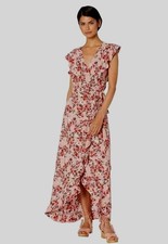 $168 Wayf Sara Floral Ruffle Print Wrap Maxi Dress Pink Size M FEMININE Unique 