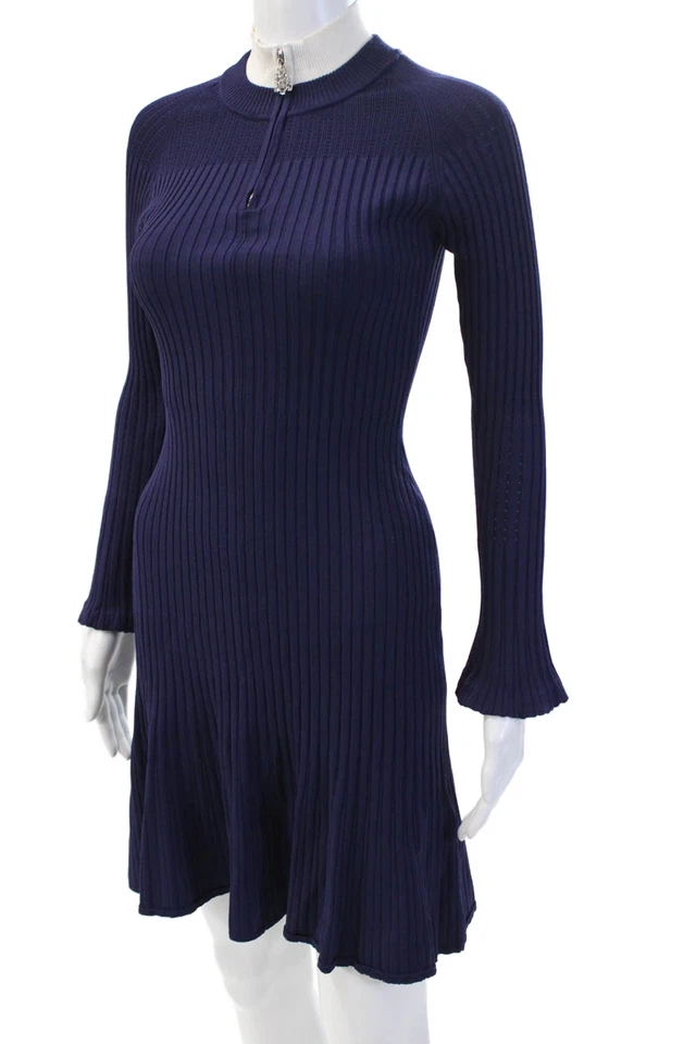 Vestido suéter Sandro para mujer azul oscuro a rayas cuello falso manga larga corto talla 1 Foto 2 de 4