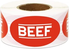 Beef Stickers - 1.75 X 1 Inch Beef Meat Food Labels in Bright Red for Restaurant