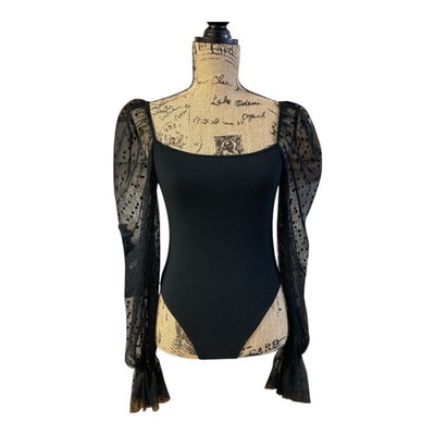 Polka Dot Sheer Mesh Square neck  Longsleeve Skinny Bodysuit Medium 