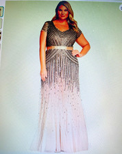 Adrianna Papell Nude Beaded Sequin Long Cap Sleeve V-Neck Gown 16W