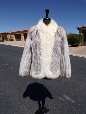 M-L (10-12) real BLUE fox fur jacket coat, by SAGA Furs, ARCTIC fox trim,