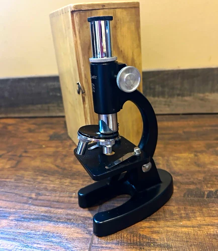 1960s-Lafayette K-10 Microscope 100X 200X 300X with Wooden Case & Glass Slides