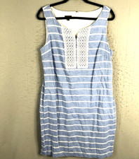 Talbots Dress Womens 14 Blue White Striped Linen Blend Feminine Preppy Sundress