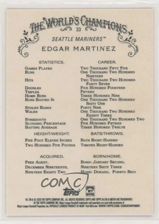 2020 Topps Allen & Ginter's X Edgar Martinez #33 HOF - Image 2 of 2