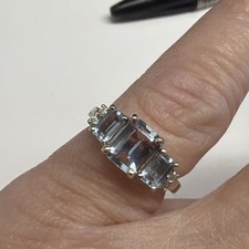 14k Emerald Cut Aquamarine 3 Stone Ring W/Diamonds Size 5