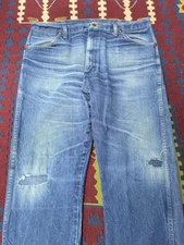 Wrangler Cowboy Cut Denim Jeans, 37x24, 13MWZ, Faded, Distressed, Repairs