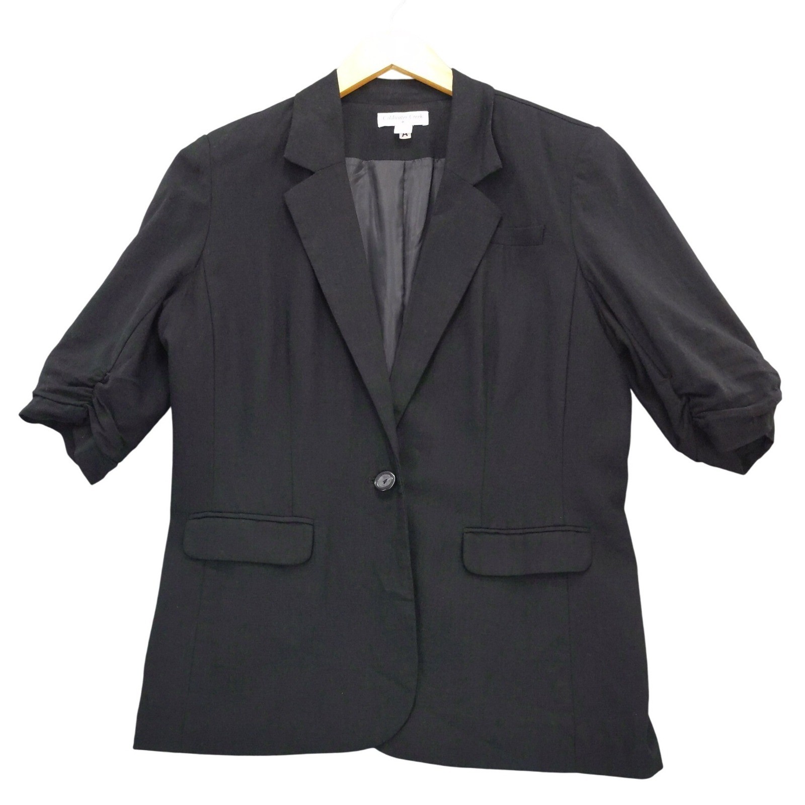 Coldwater Creek Black Blazer Jacket Linen Blend L Ruched 3/4 Sleeve