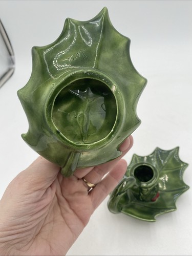 Vintage Holly Berry Christmas Candle Holder Pair Set 2 Candlestick MCM Kitchy - Picture 9 of 9