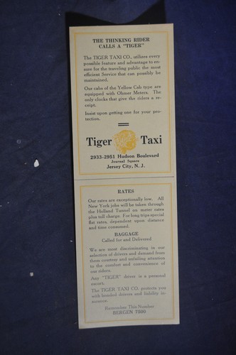 TIGER TAXI BUSINESS CARD AD New Jersey City, Hudson Co Yellow Car Cab - Picture 4 of 4