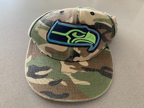 VINTAGE Seattle Seahawks Mütze Kappe Druckknopflasche grün Tarnmuster New Era NFL Football Herren