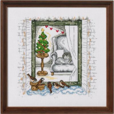 Kit Point De Croix Permin Fenêtre D'Hiver - 24x24cm Aida 14ct - Motif à Compter 92-9178