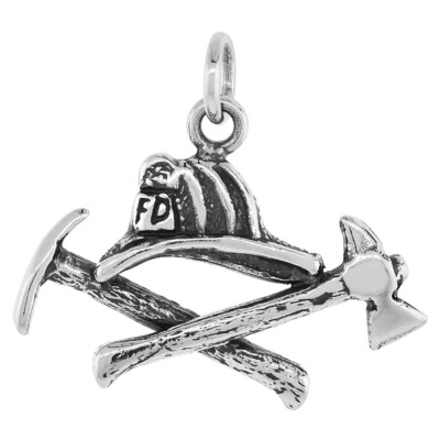 925 Sterling Silber Feuerwehrmann Helm, Plektrum und Axt Anhänger 1 1/16 (27mm) Zoll