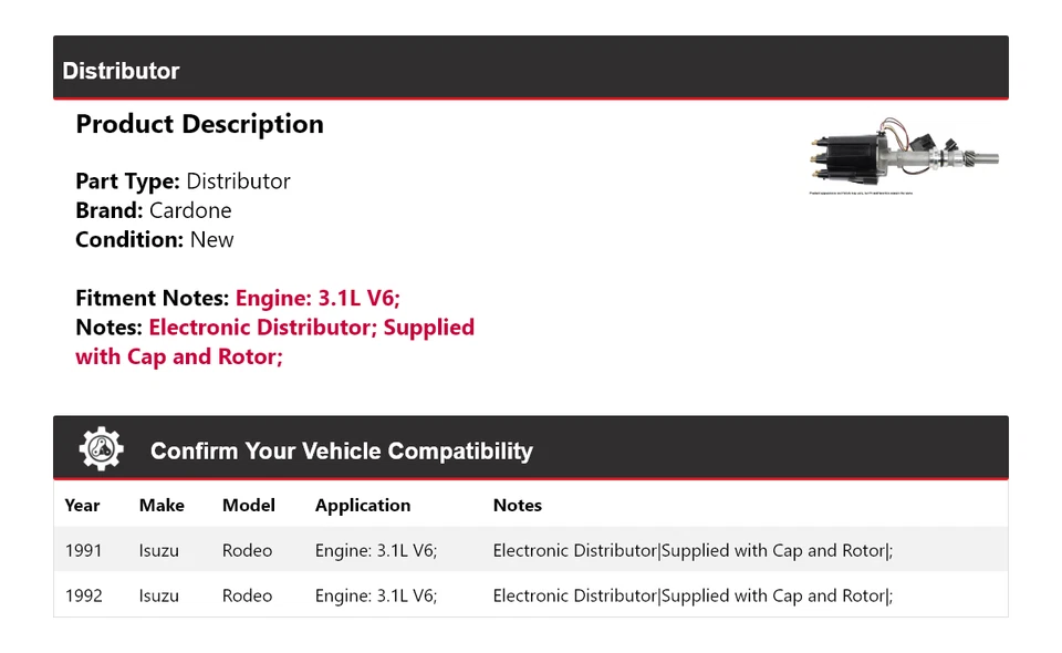 Cardone distribuidor V6 3,1 L Isuzu Rodeo 1991-1992 Foto 2 de 4