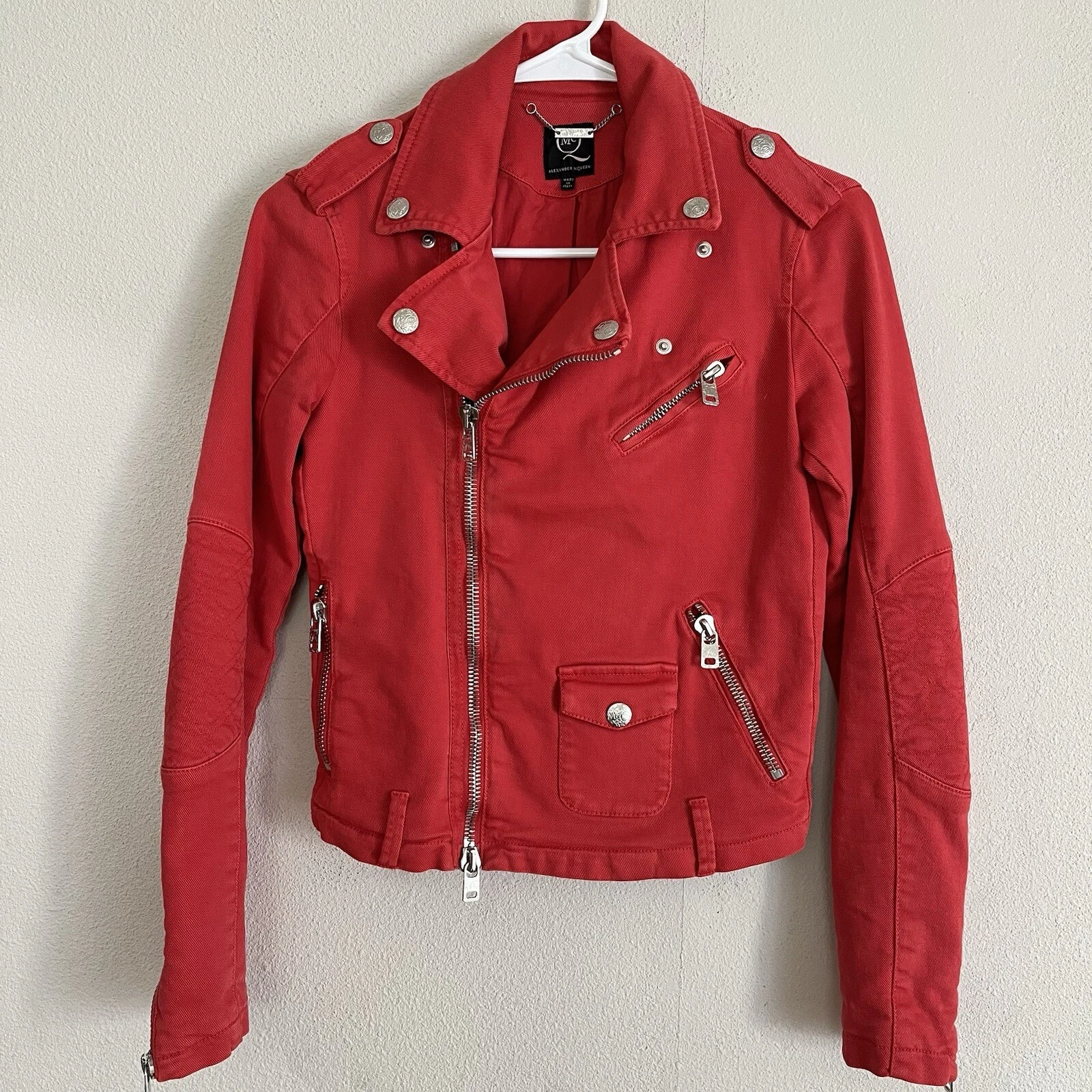 Giacca biker Alexander McQueen rosso cotone asimmetrico donna 36 zip
