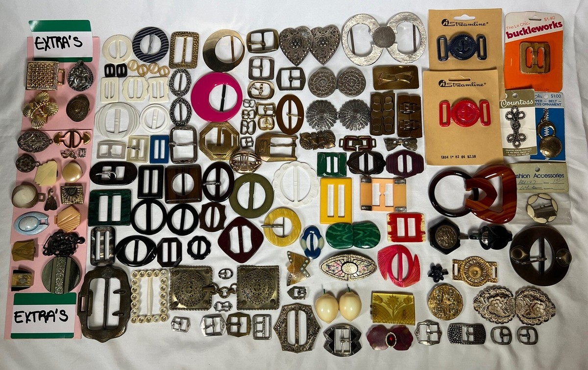 106PC Antique Vintage Ladies Belt Buckle LOT Bakelite Celluloid