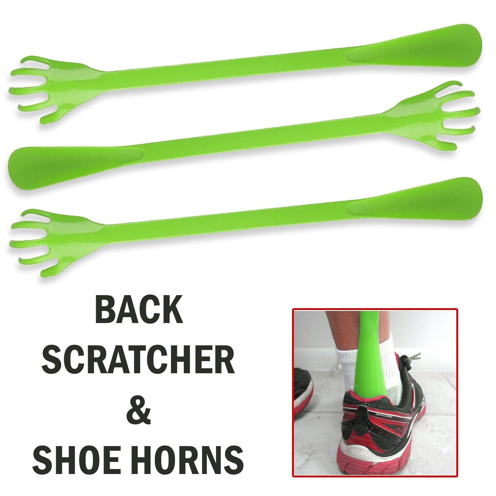 3 PACK 19 PLASTIC HAND BACK SCRATCHER LONG REACH With SHOEHORN Pick