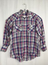 vintage Western Frontier Mens Large Pearl Snap Long Sleeve Plaid Red White Blue
