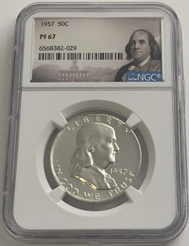 1957 NGC PF67 prata prova Franklin meio dólar 50c 90% prata etiqueta retrato - Imagem 3 de 3