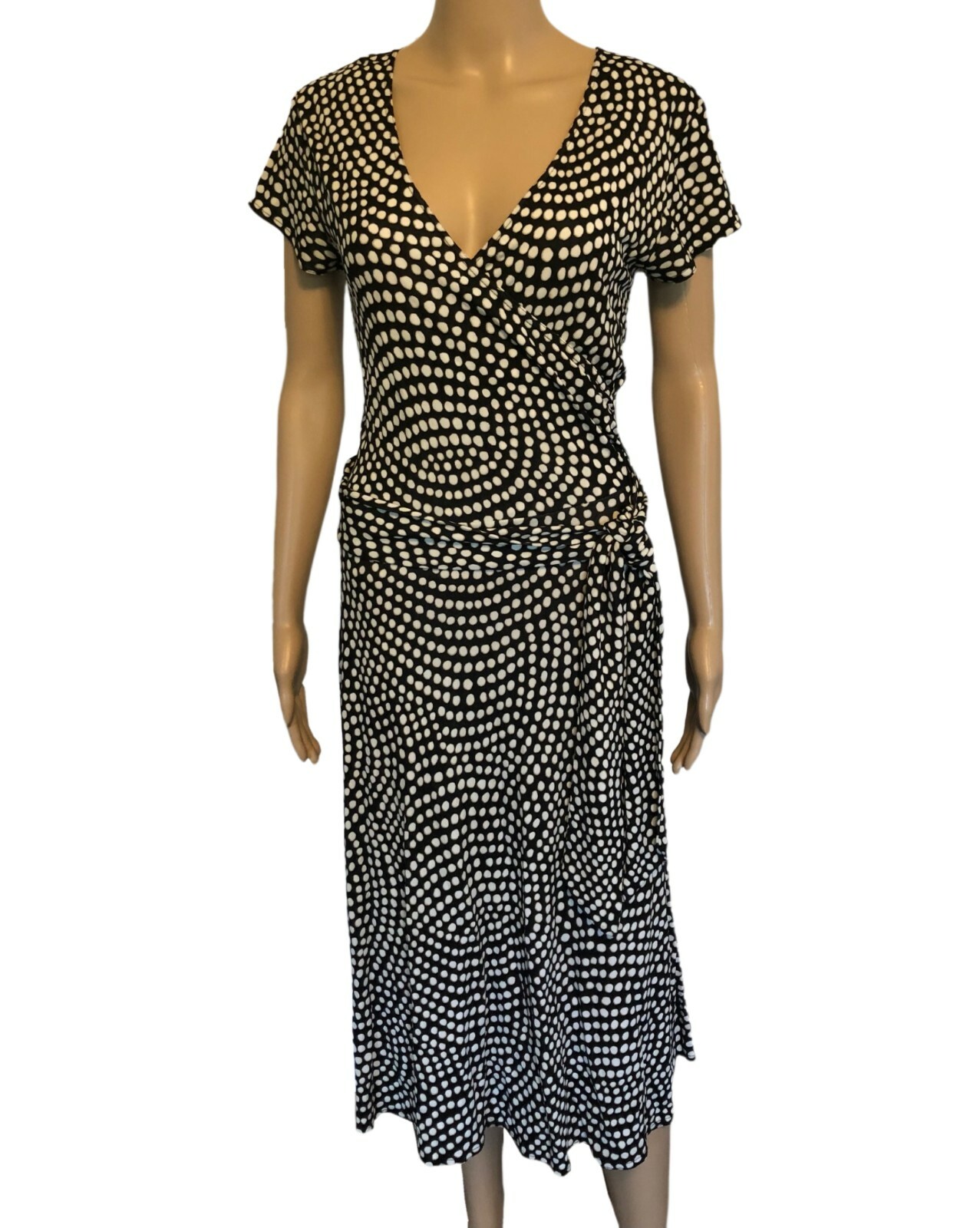 vtg TALBOTS womens Fit N Flare Dress 2P Rayon Travel Knit Black White Polka Dot