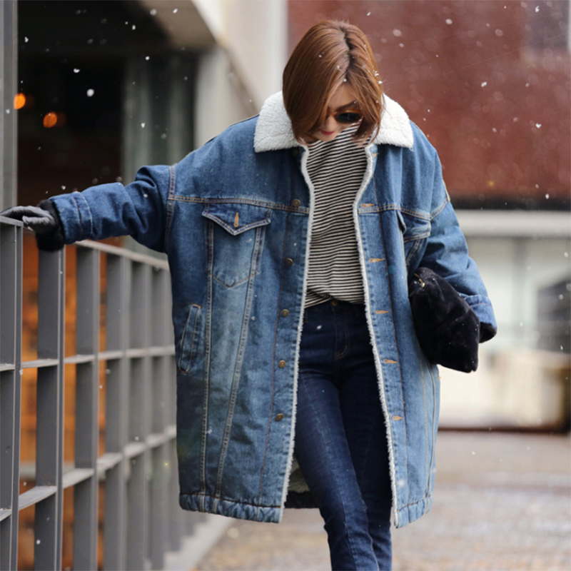 Lady Denim Jean Jacket Coat Mid-length Fleece Sherpa Lined Warm