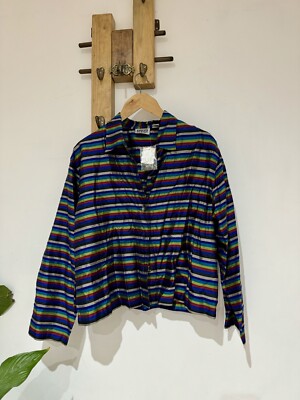Neu mit Etikett Vintage Chicos Designer mehrfarbig gestreiftes Seidenhemd Bluse Top Jacke Größe 2 M