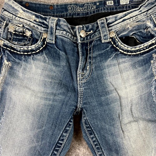 Pantalones de mezclilla Miss Me para mujer talla 28 azul tiro bajo capri solapa bolsillos elásticos cremallera - Imagen 4 de 11