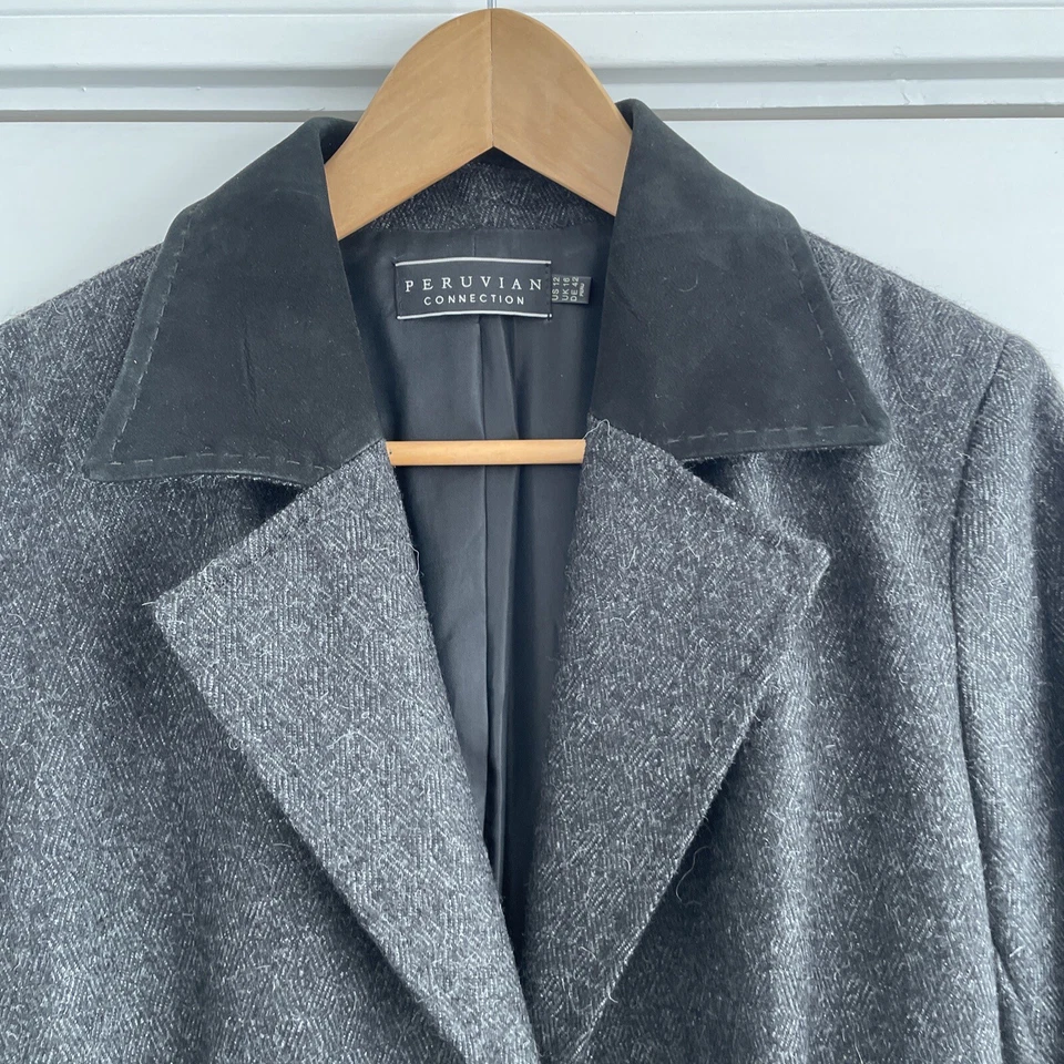 Peruvian Connection Coat Black Baby Alpaca Wool Mix Size 16 Uk Suede Collar - Image 3 of 4