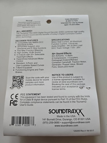 SoundTraxx ~ New 2024 ~ Tsunami 2 TSU-4400 Electric Sound Decoder 4 Amp ~ 886005 - Picture 2 of 2