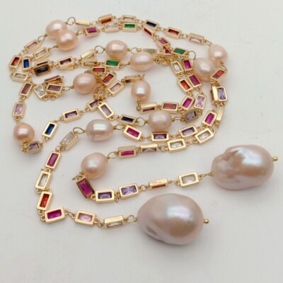50'' Freshwater Baroque Pearl Mixed Color Rectangle Cz Pave Long Chain Necklace