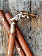 Antique Brass Greyhound Dog Head Handle Brown 3 Fold Wooden Walking Stick Cane