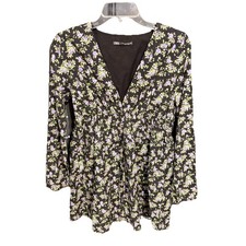 Zara Floral Boho Mini Dress V-Neck Long Sleeve Black Purple Dainty Print Size M