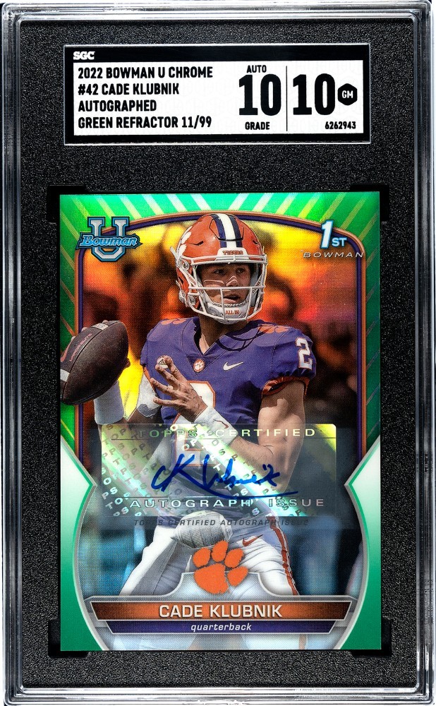 2022 Bowman University Chrome 42 Cade Klubnik SGC 10 RC Auto Green Refractor /99