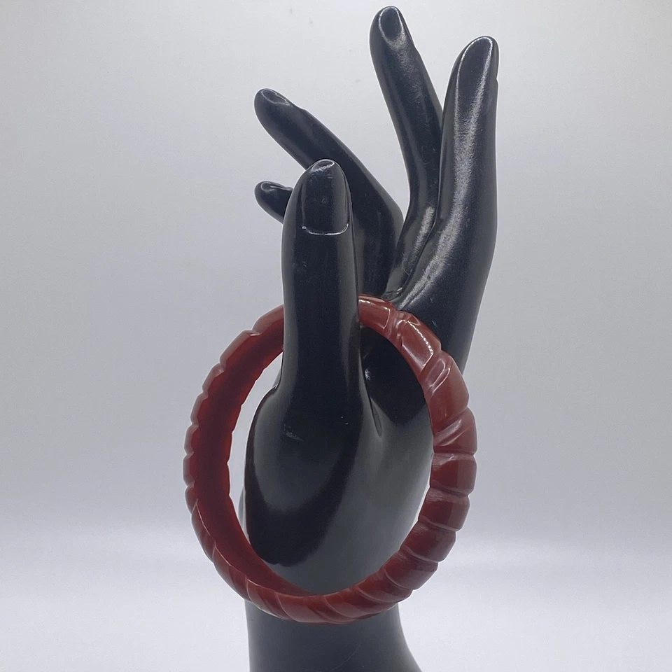 Art Deco Cherry Amber Carved Bakelite Chunky Vintage Plastic Bangle Bracelet 6” - Image 3 of 4