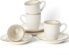 famiware Ocean Espresso Cups with Saucers Set of 4, Vanilla White - FAST SHIP