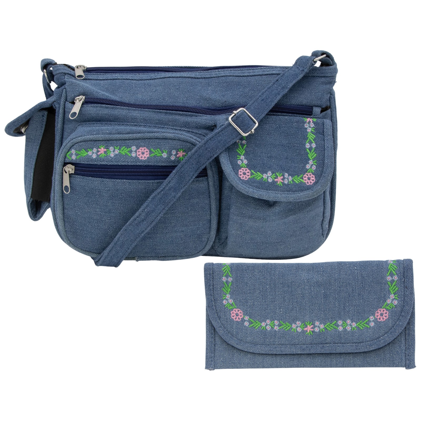 Floral Embroidered Women's Crossbody Handbag with Wallet in Light Denim Blue