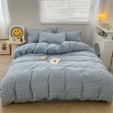 Blue Gingham Duvet Cover Full Size Reversible Plaid Checkered Comforter Cover...