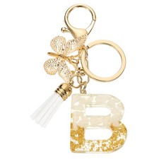 Initial Letter Keychains, Resin Cute Pendant with Butterfly Tassel, White-B