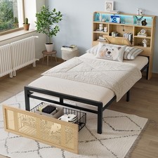 4ft6 Single Wooden Bed Frame with Storage Headboard, LED Light & Rattan Drawer
