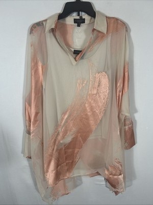 $80 Donna Karan Women's Brushstroke Burnout Sheer Tunic Top in Apricot Pink M