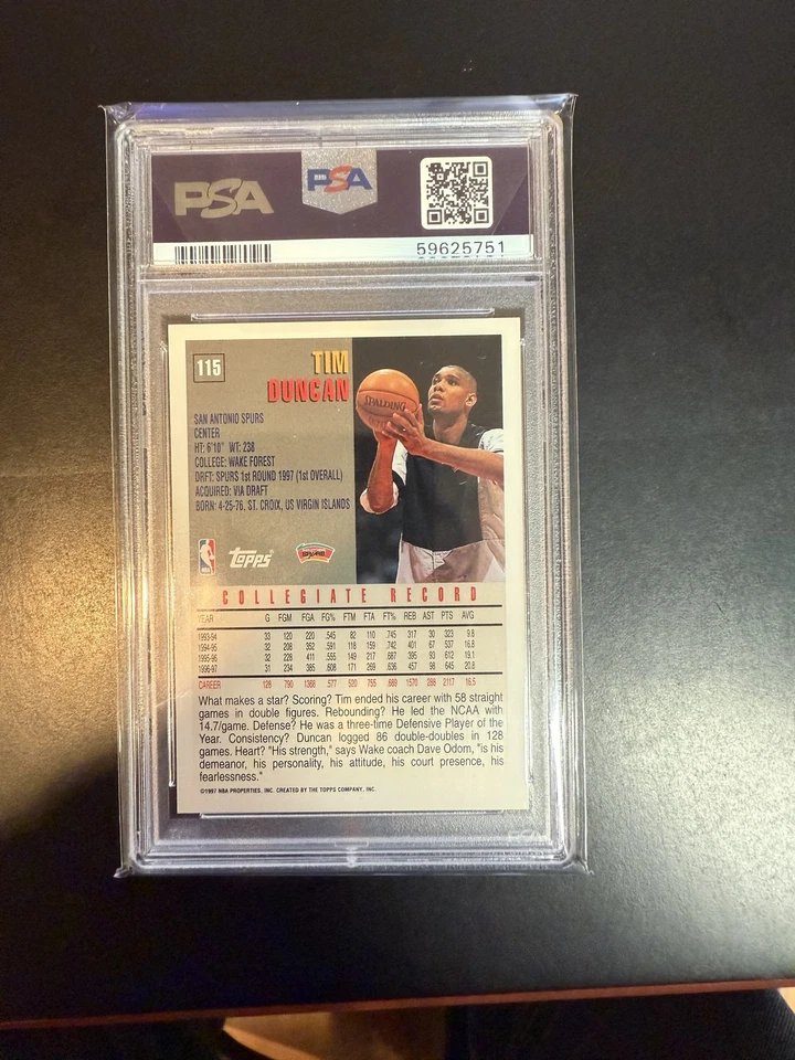 Topps Tim Duncan RC #115 1997 PSA 10 San Antonio Spurs Foto 2 de 2