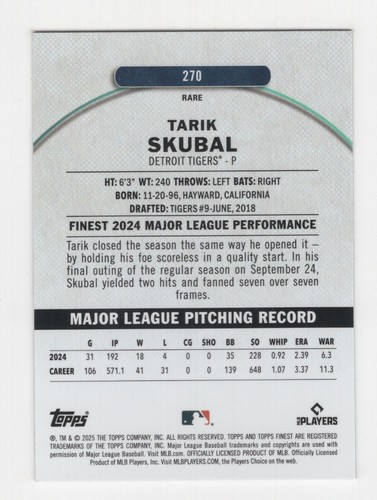 2025 TOPPS FINEST CHECKERBOARD REFRACTOR RARE TARIK SKUBAL DETROIT TIGERS #270 - Picture 2 of 2