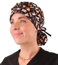 Banded Bouffant Ponytail Scrub Cap - Puppy Parade with Black Ties