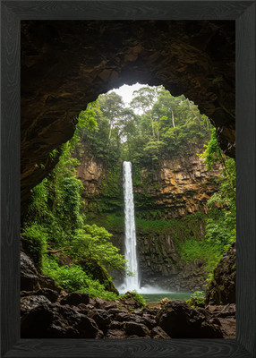 Wasserfall Blick vom Höhleneingang Gerahmtes Wandbild Poster Leinwanddruck Bild