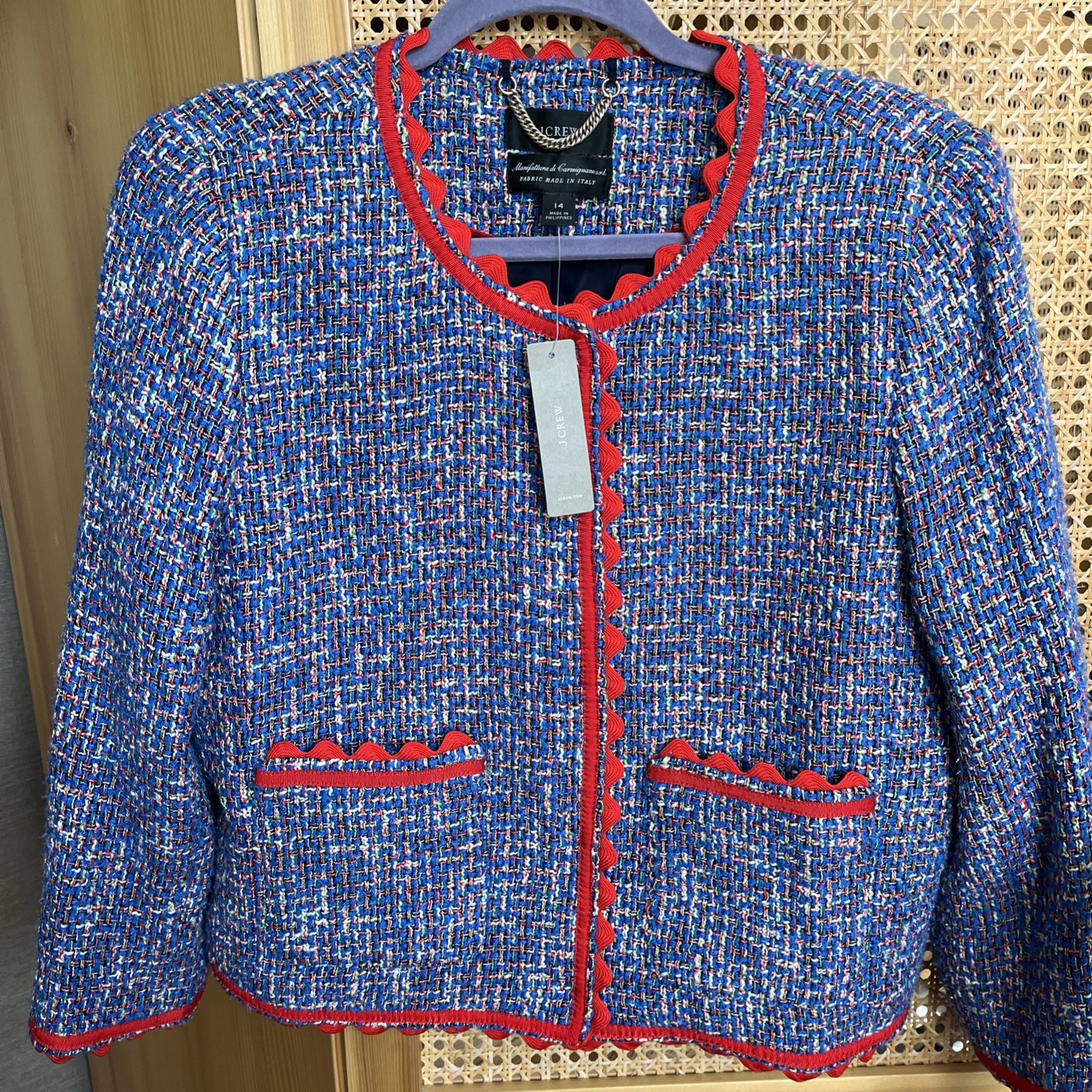 J.CREW Women's Cropped JacketBlue Tweed With Red Rick Rack Trim Size 14 NWT