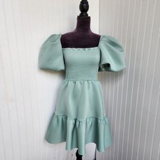 ASOS Design Womens Puff sleeve Mini Green dress Ruffle hem Smocked Stretch XS