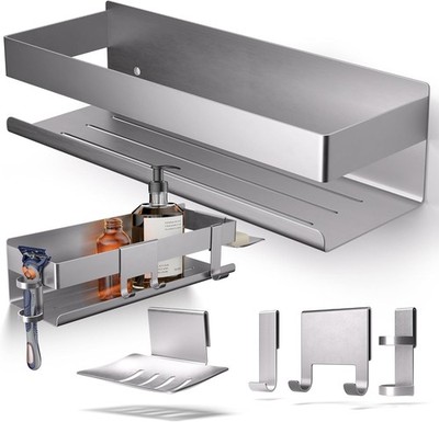 HENAL Duschablage Set 5 in 1, Edelstahl-Duschablage matt gebürstet ohne Bohren, 