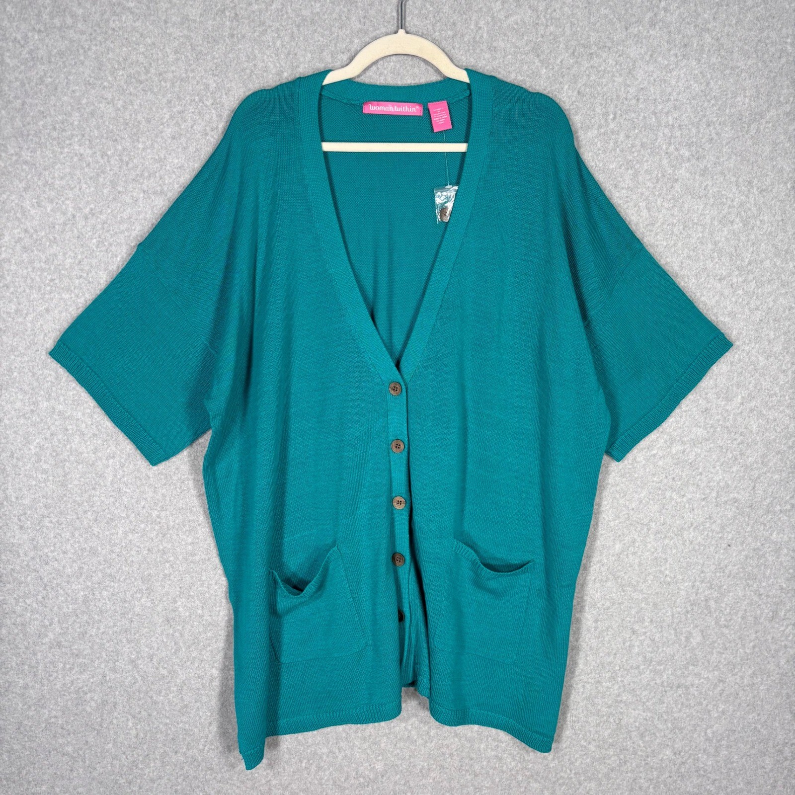 Woman Within Cardigan Sweater 2X Teal Turquoise Pockets Lagenlook Artsy Cottage