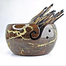 Ergonomic Wooden Crochet Hooks Set with Yarn Bowl Yellow  Brown Handmade