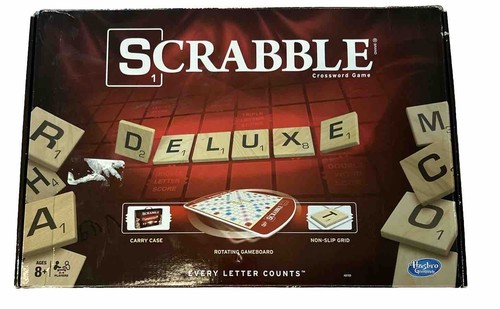 SCRABBLE Deluxe Edition Kreuzworträtsel Spiel mit drehbarem Splitboard KOMPLETT selten